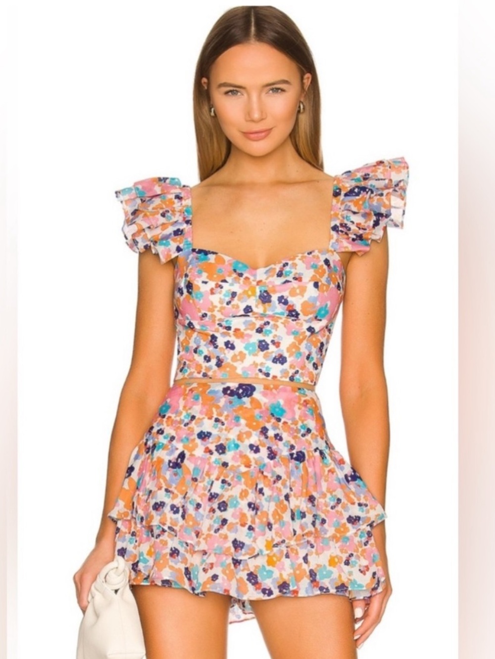 Amanda Uprichard Peach Floral Ruffle Crop Top and Skirt Set